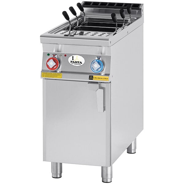 An Arcobaleno stainless steel electric pasta cooker in a large commercial kitchen.