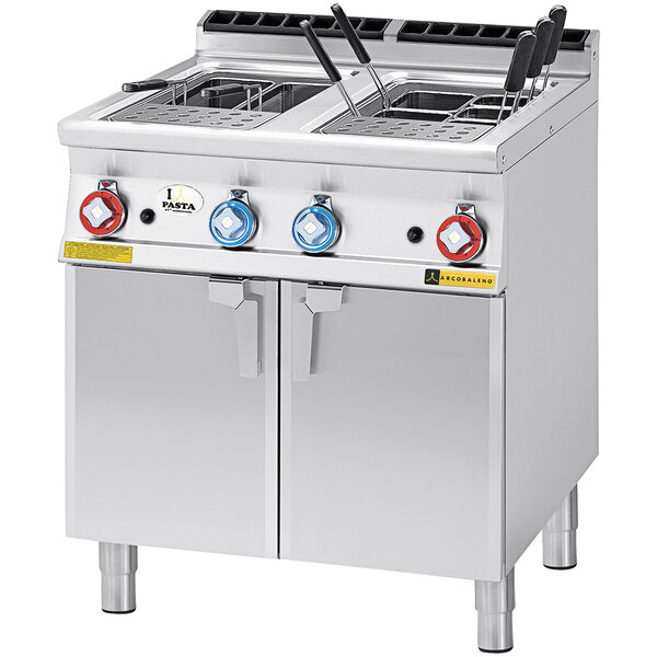 An Arcobaleno natural gas double tank pasta cooker on a stainless steel counter.