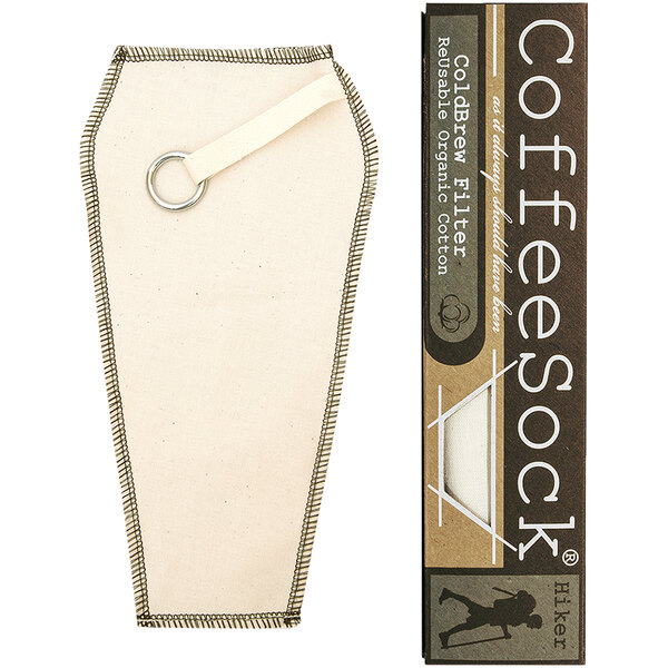 A close-up of a CoffeeSock Cold Brew Hiker reusable coffee filter in a box with a white strap.