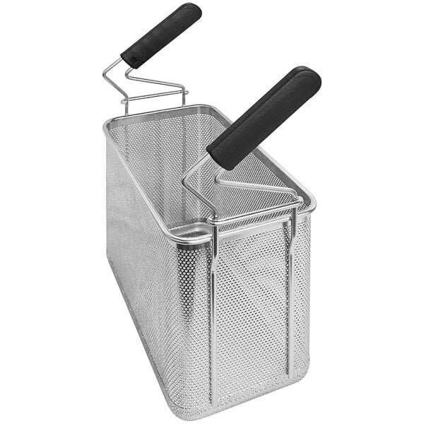 A stainless steel Arcobaleno pasta cooker basket with black handles.
