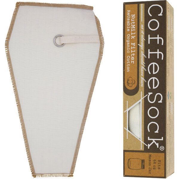 A white fabric CoffeeSock with a brown and white box.