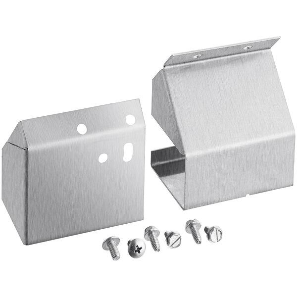 A box with metal parts and screws including stainless steel brackets with holes.