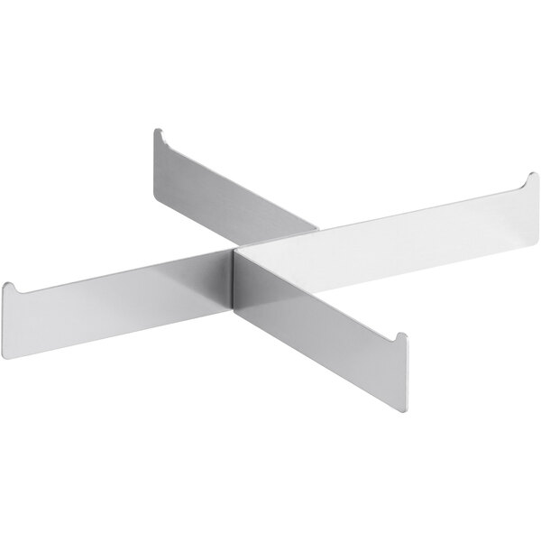 A metal shelf spacer with four corners.