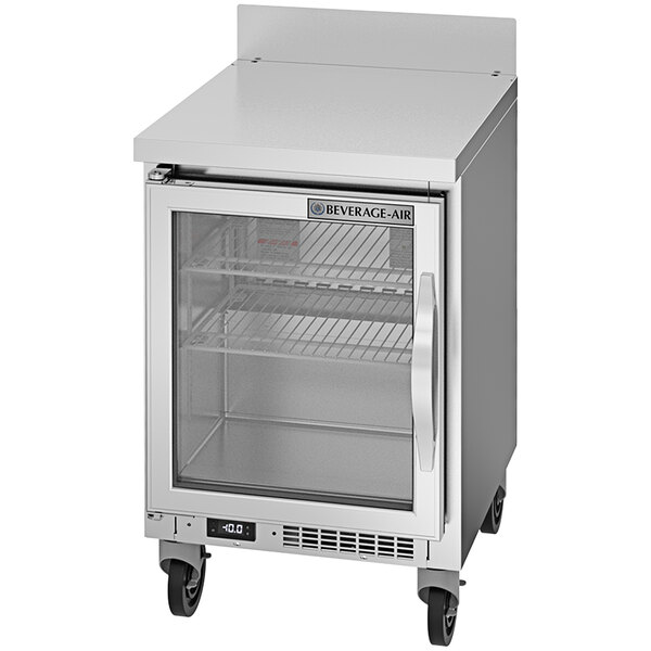 A stainless steel Beverage-Air worktop freezer with a left-hinged glass door.