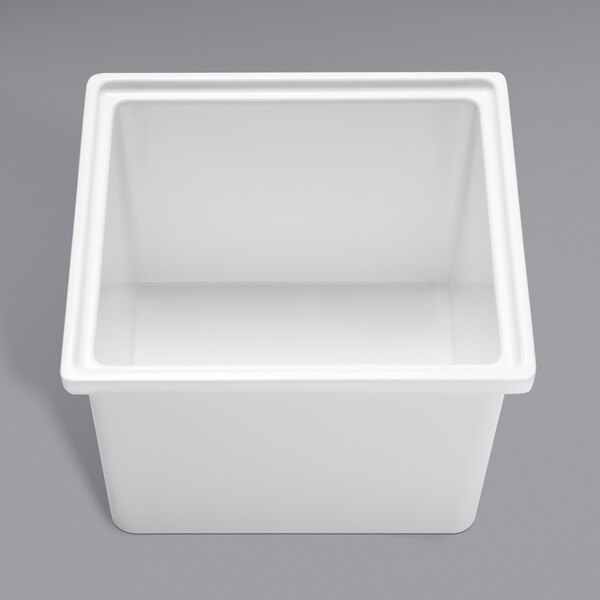 A white rectangular Bon Chef melamine food pan with a white lid.