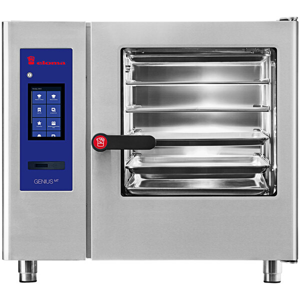 An open Eloma natural gas combi oven with blue control panel.