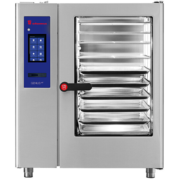 A large silver Eloma boilerless electric combi oven with blue handles.