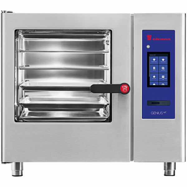 An open Eloma boilerless electric combi oven with shelves inside.