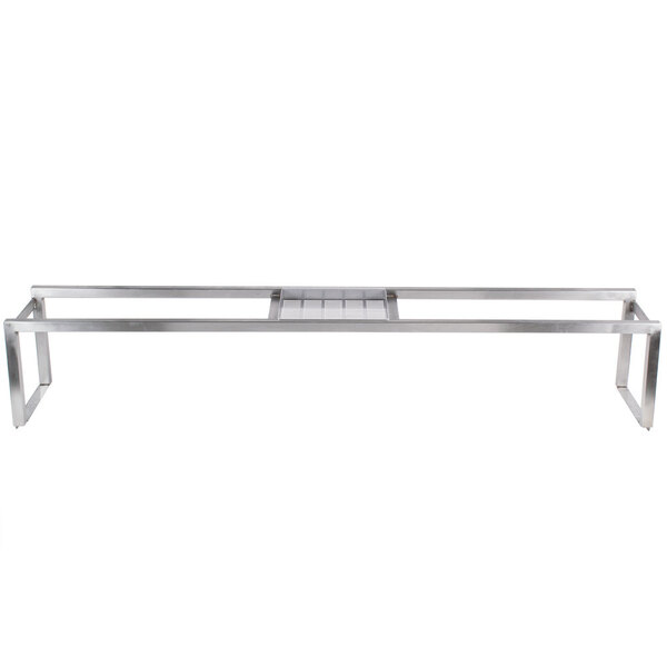 A stainless steel overhead shelf for a Bakers Pride charbroiler with a metal frame and a square shelf.