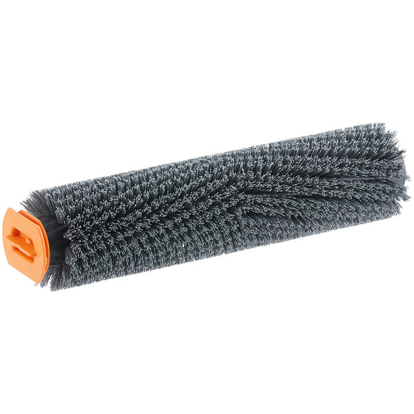 A close-up of a grey Nilfisk cylindrical grit brush with an orange handle.