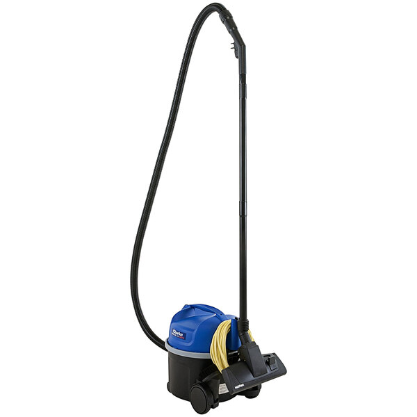 A Clarke Saltix 10 canister vacuum with a long tube, blue handle, and black wheels.