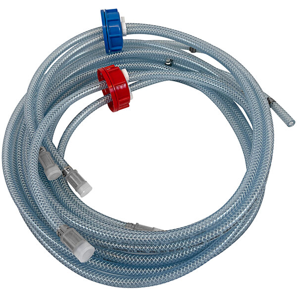 A close-up of a white Eloma Autoclean dual chemical hose with blue and red connectors.