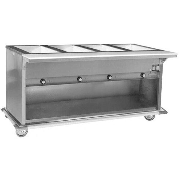 A stainless steel Eagle Group portable electric hot food table with an open well holding three pans.