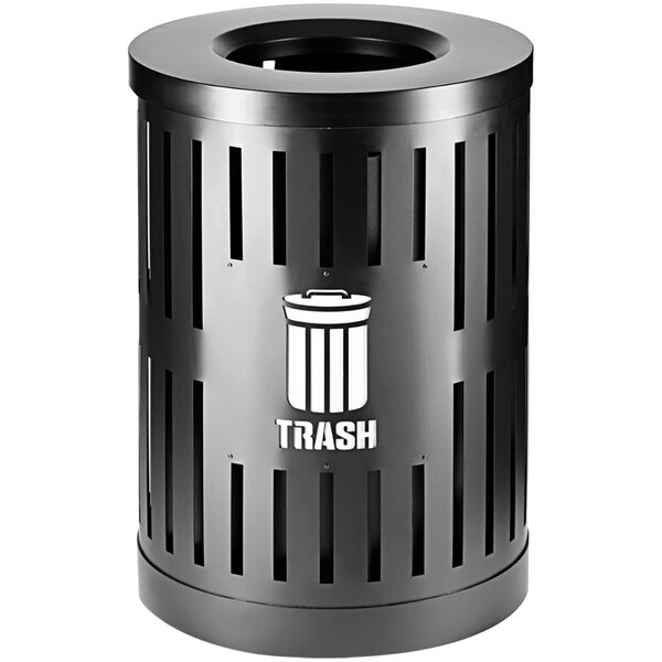 A black Commercial Zone Parkview trash receptacle with white and black logo that says "Trash" on it.