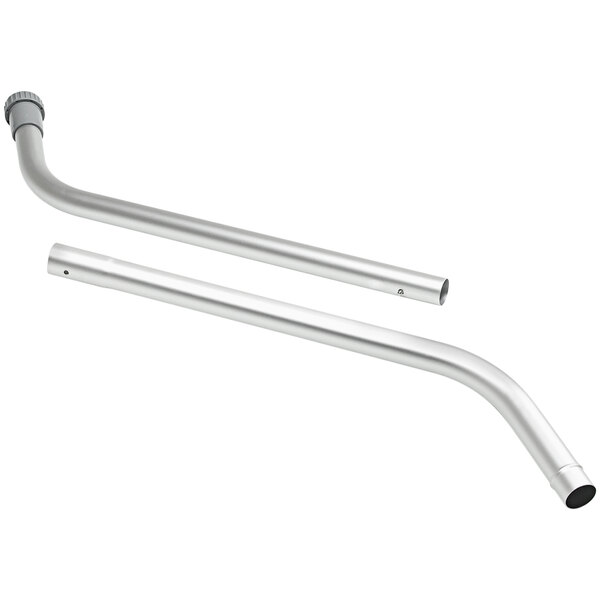 A pair of stainless steel curved metal pipes.