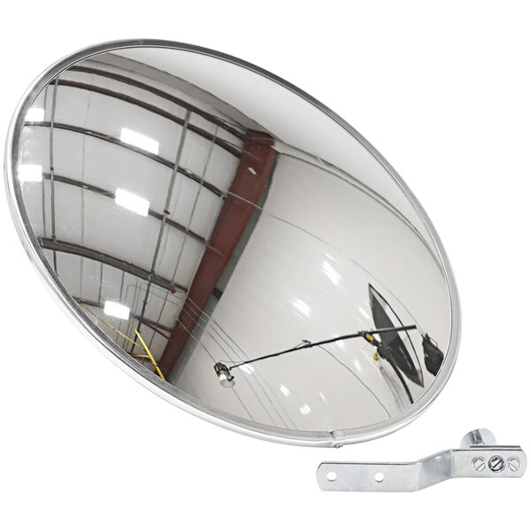 A Vestil round indoor convex mirror with a metal bracket.
