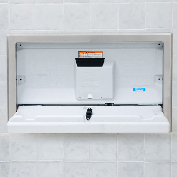 A white rectangular baby changing station with a stainless steel flange.