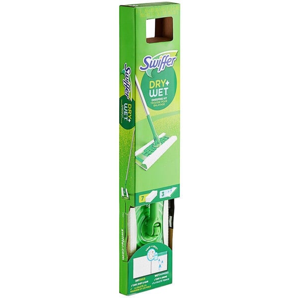 A green Swiffer Sweeper mop kit box with white and green accents.