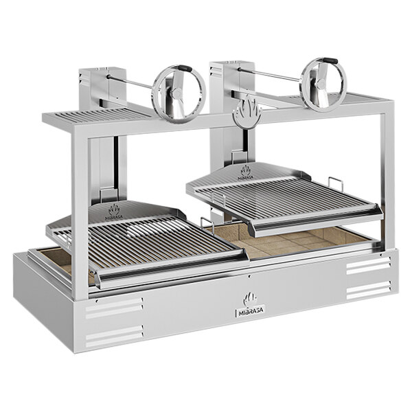 A Mibrasa stainless steel portable grill with two racks.