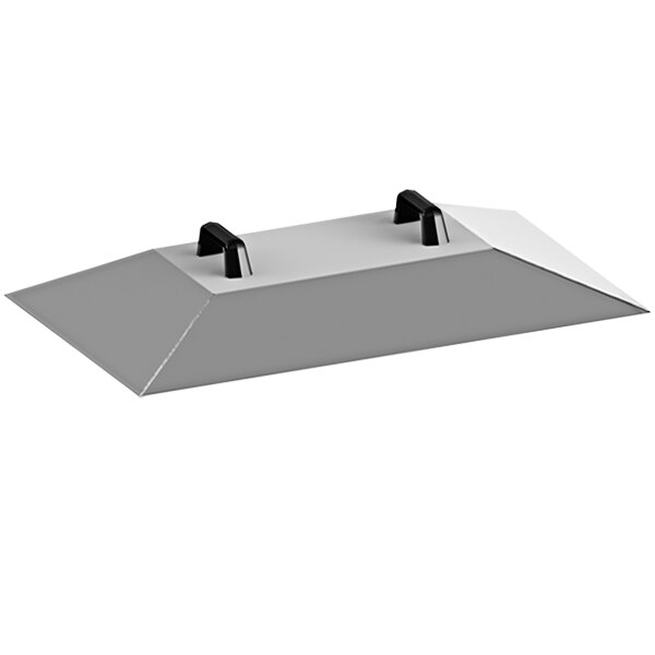 A grey rectangular stainless steel lid with black handles.