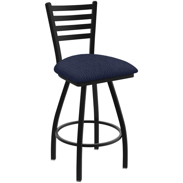 A black Holland Bar Stool ladderback swivel bar stool with a blue seat with a graph anchor on a black frame.