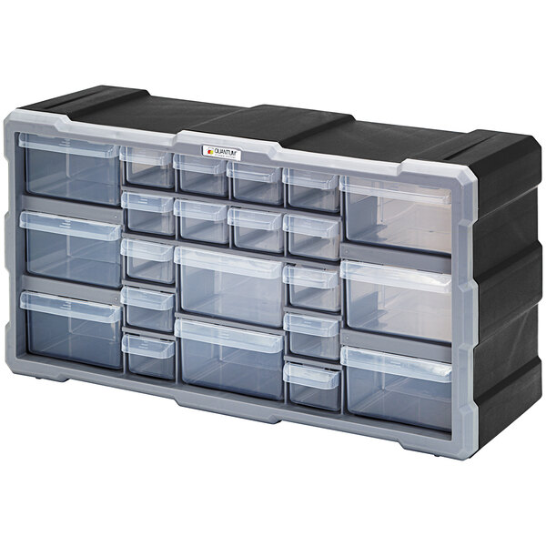 A black plastic Quantum drawer cabinet with clear and medium drawers.
