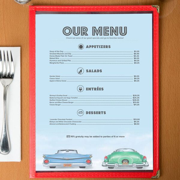 A white menu with a retro car design in green.