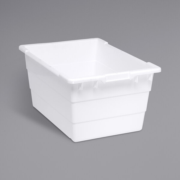 A white Quantum cross stack tub with built-in handle grips on a gray surface.