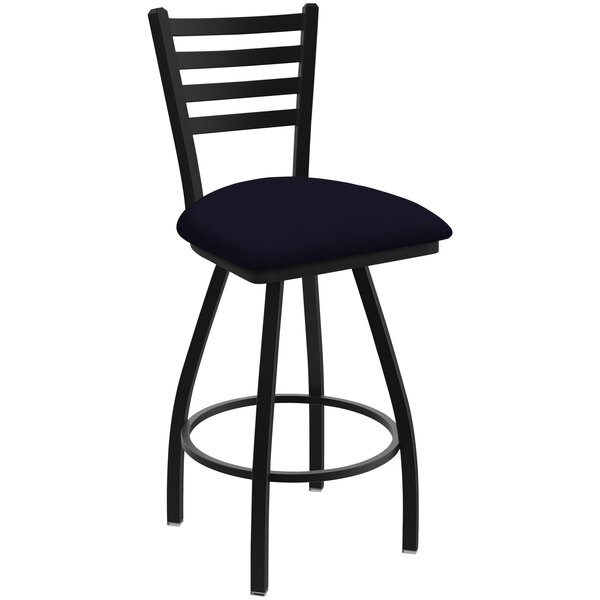 A black Holland Bar Stool ladderback swivel bar stool with a blue seat.