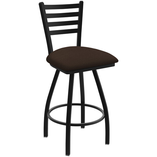 A black Holland Bar Stool Jackie Ladderback Swivel bar stool with a brown cushion.