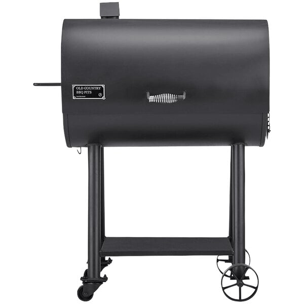 A black barbecue grill with wheels.