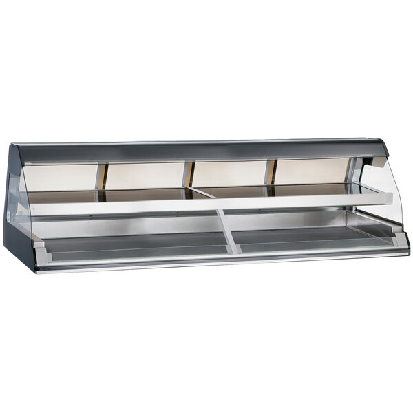 An Alto-Shaam black countertop heated display case with curved glass over two tiers.