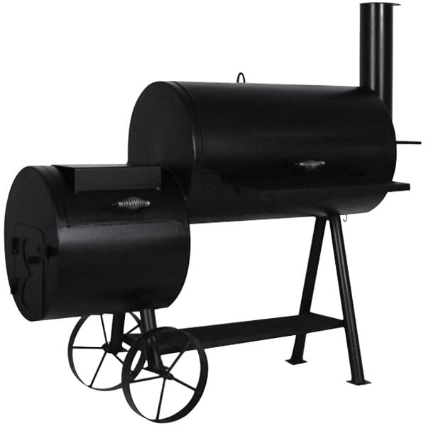 An Old Country BBQ Pits Wrangler Offset Smoker, a black smoker on wheels.