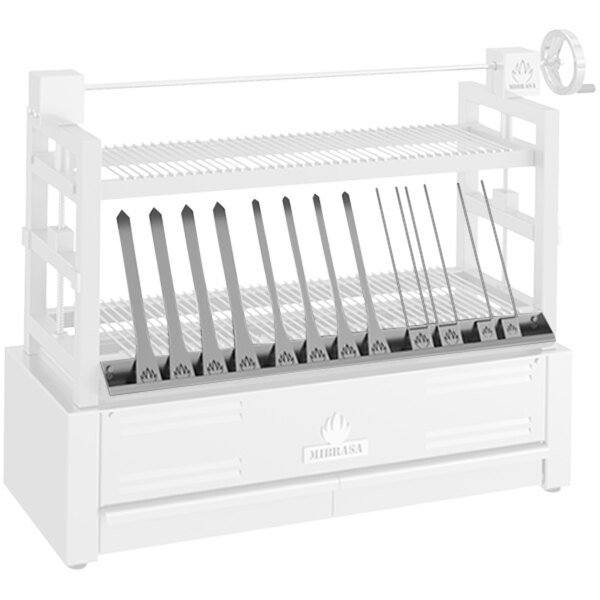 A white rack with many metal rods.