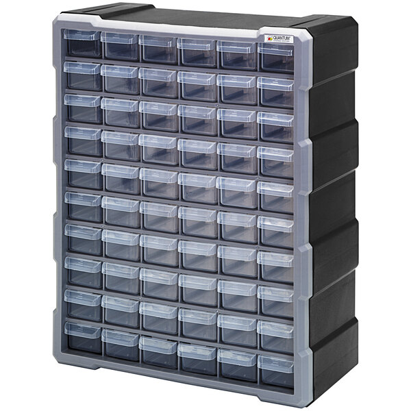 A black and grey plastic drawer cabinet with 60 clear drawers.