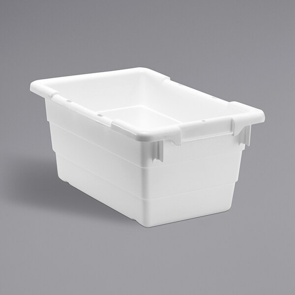 A Quantum white plastic tote with built-in handle grips.