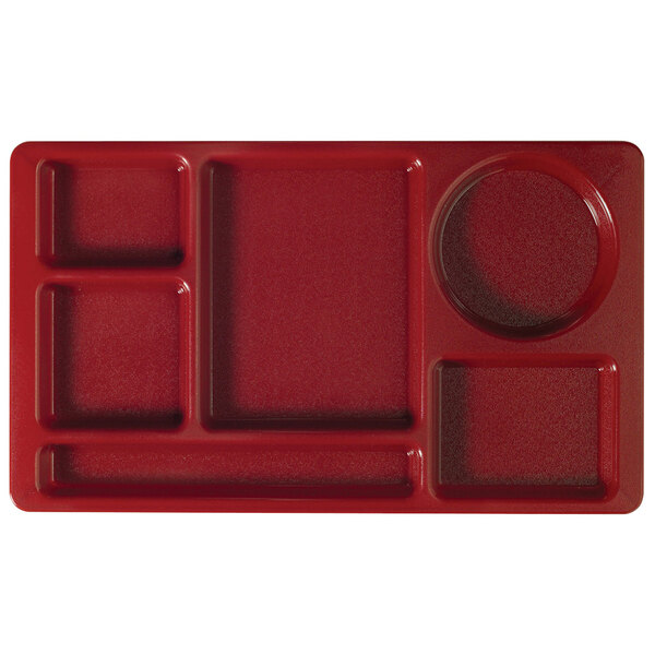 A red Cambro 6 compartment tray with circles and rectangles.