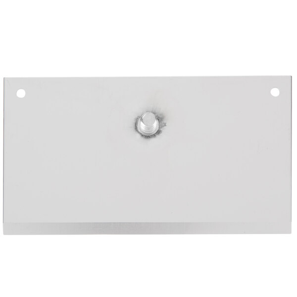A white rectangular metal plate with a circular screw in the middle.