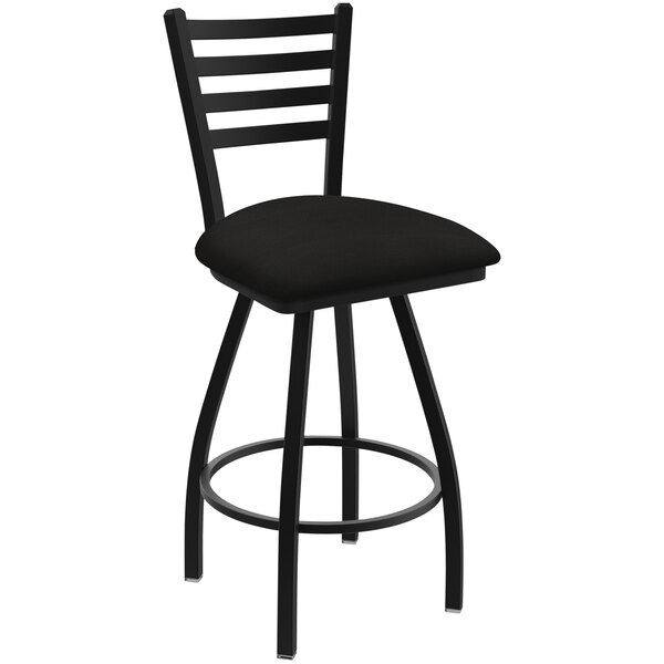 A black Holland Bar Stool ladderback swivel bar stool with a black cushion.