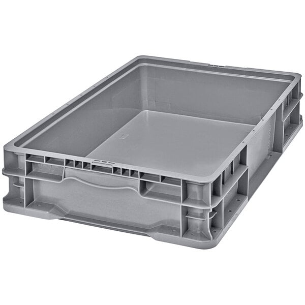 A gray plastic Quantum straight wall container with built-in handle grips.