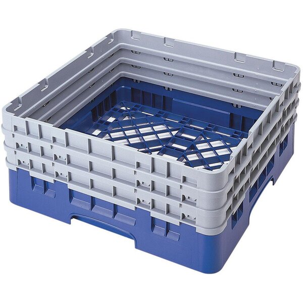 A blue and gray plastic Cambro dish rack with extenders.