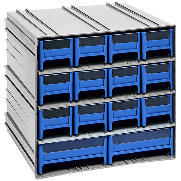 A Quantum blue and grey storage box with 12 blue compact drawers and 2 large drawers.