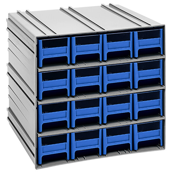Blue and black plastic storage cabinets with blue drawers.