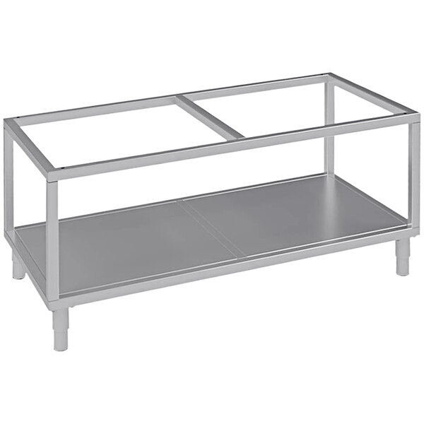 A silver metal stand with two shelves on it.
