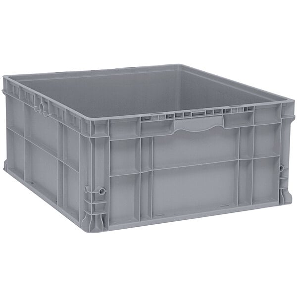A gray plastic container with built-in handles.