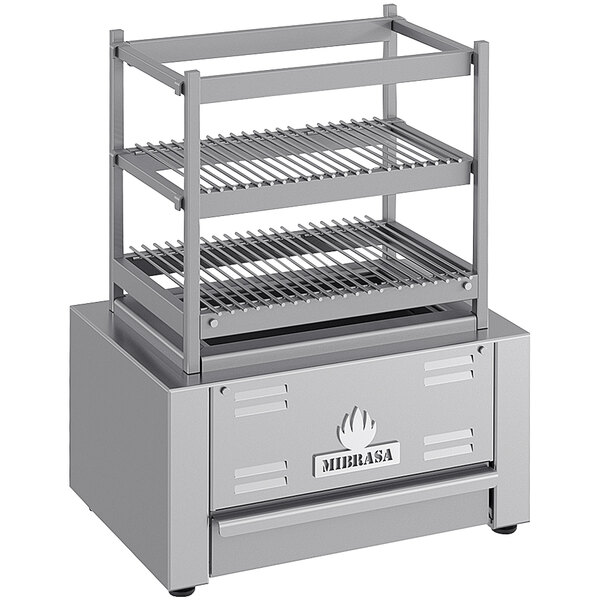 A Mibrasa RM 60 Robatayaki grill on a stand with three fixed tiers.