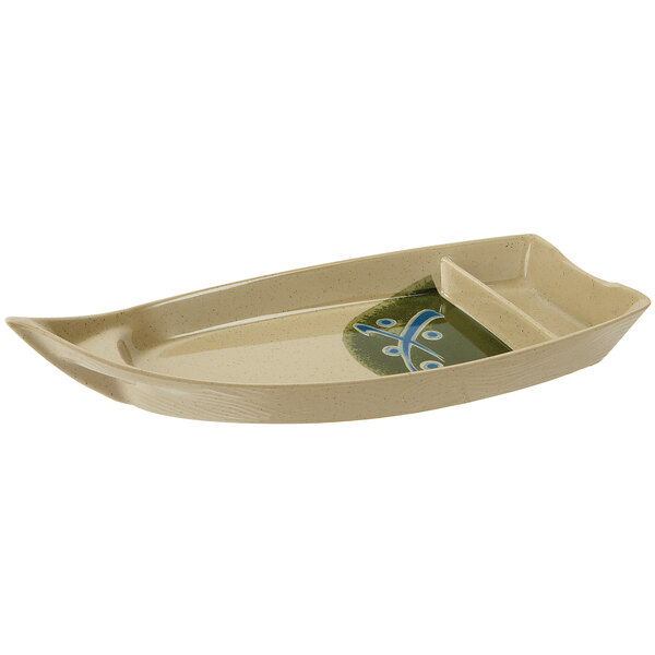 A white boat shaped GET Japanese Traditional two compartment plate.