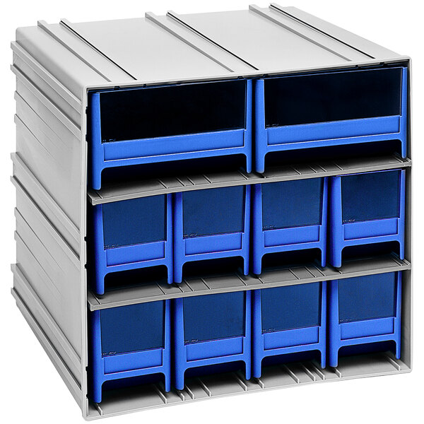 A blue and grey rectangular storage cabinet with drawers, including blue and grey bins with white windows.