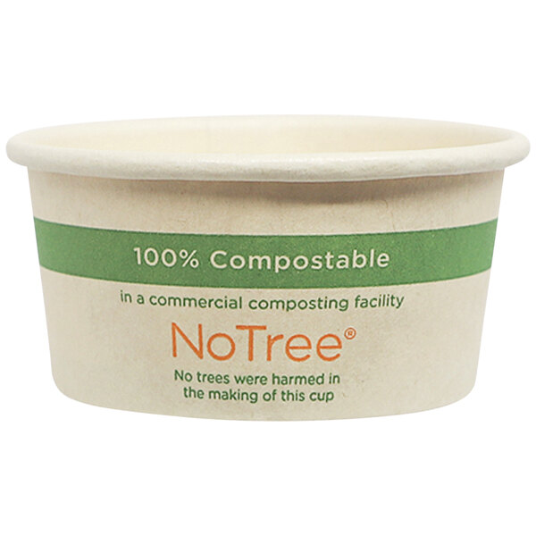 A World Centric NoTree compostable portion cup with green and white text on a white background.