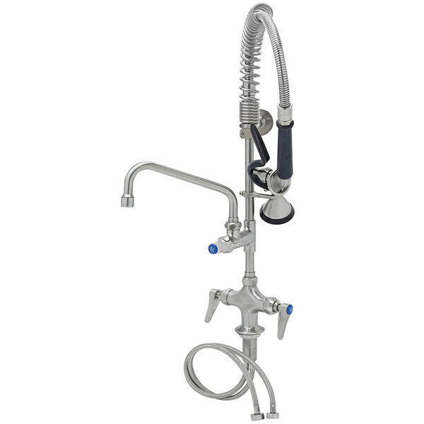 A stainless steel deck mount pre-rinse faucet with a mini pre-rinse unit and hose.